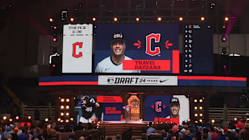 Jul 14, 2024; Ft. Worth, TX, USA;  The Cleveland Guardians select Travis Bazzana with the first pick during the first round of the MLB Draft at Cowtown Coliseum. Mandatory Credit: Kevin Jairaj-Imagn Images