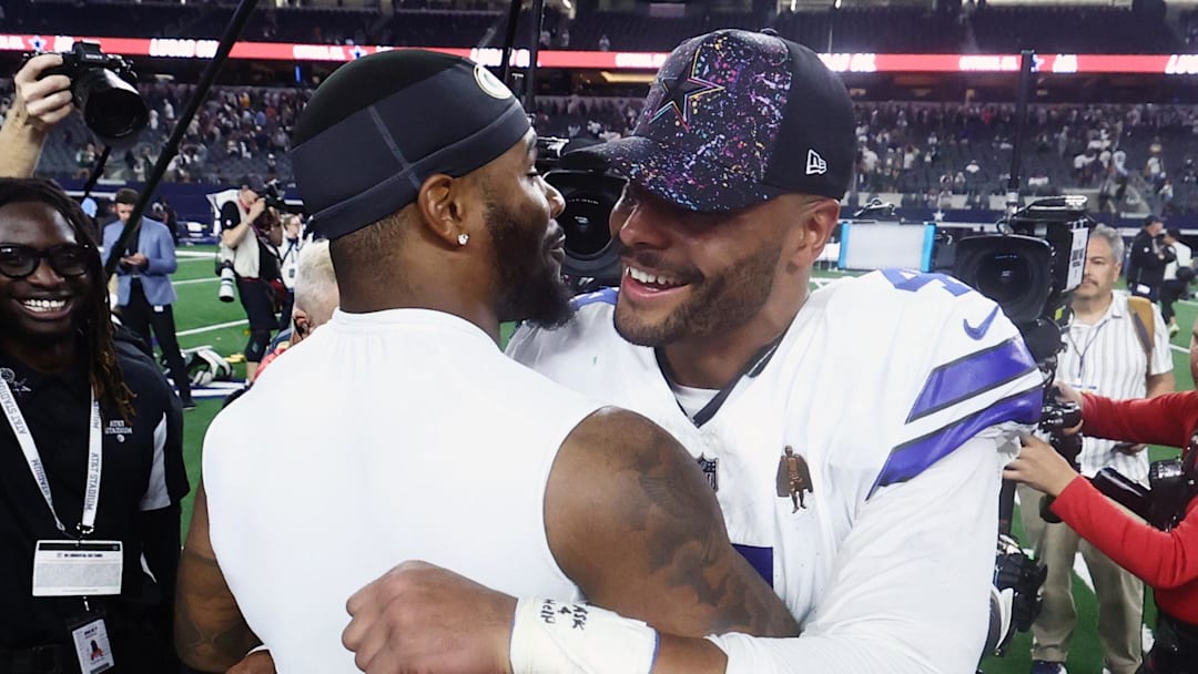 Sep 28, 2025; Arlington, Texas, USA; Dallas Cowboys quarterback Dak Prescott (4) and Green Bay Packers defensive end Micah Parsons (1) embrace after the game at AT&T Stadium. Mandatory Credit: Kevin Jairaj-Imagn Images Sep 28, 2025; Arlington, Texas, USA; Dallas Cowboys quarterback Dak Prescott (4) and Green Bay Packers defensive end Micah Parsons (1) embrace after the game at AT&T Stadium. Mandatory Credit: Kevin Jairaj-Imagn Images
