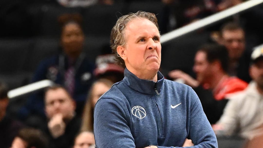 Feb 19, 2026; Washington, District of Columbia, USA; Washington Wizards head coach Brian Keefe looks on against the Indiana Pacers during the first half at Capital One Arena. Mandatory Credit: Brad Mills-Imagn Images