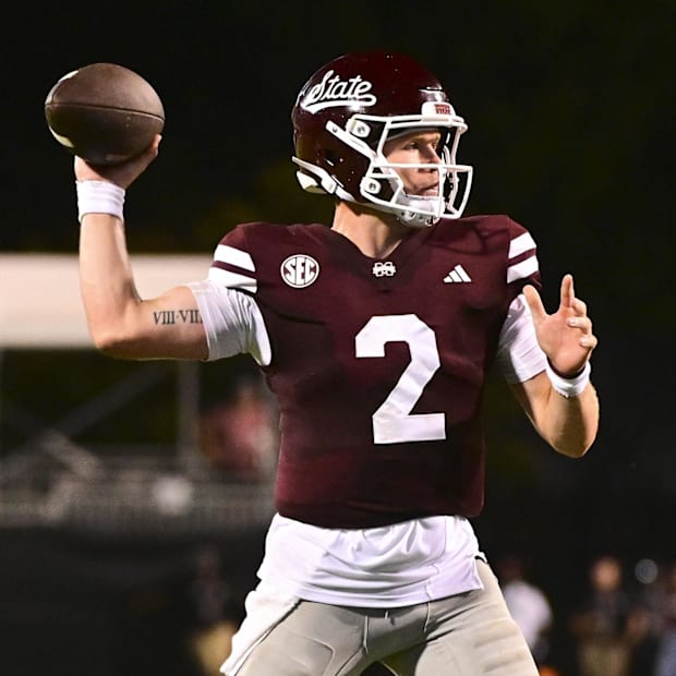 Mississippi State Bulldogs quarterback Blake Shapen (2) makes a pass against the Toledo Rockets during the fourth quarter.