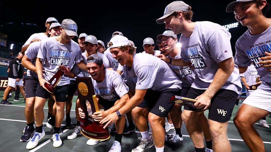 The Demon Deacons prepare to hoist the 2025 men's tennis national championship in Waco, TX