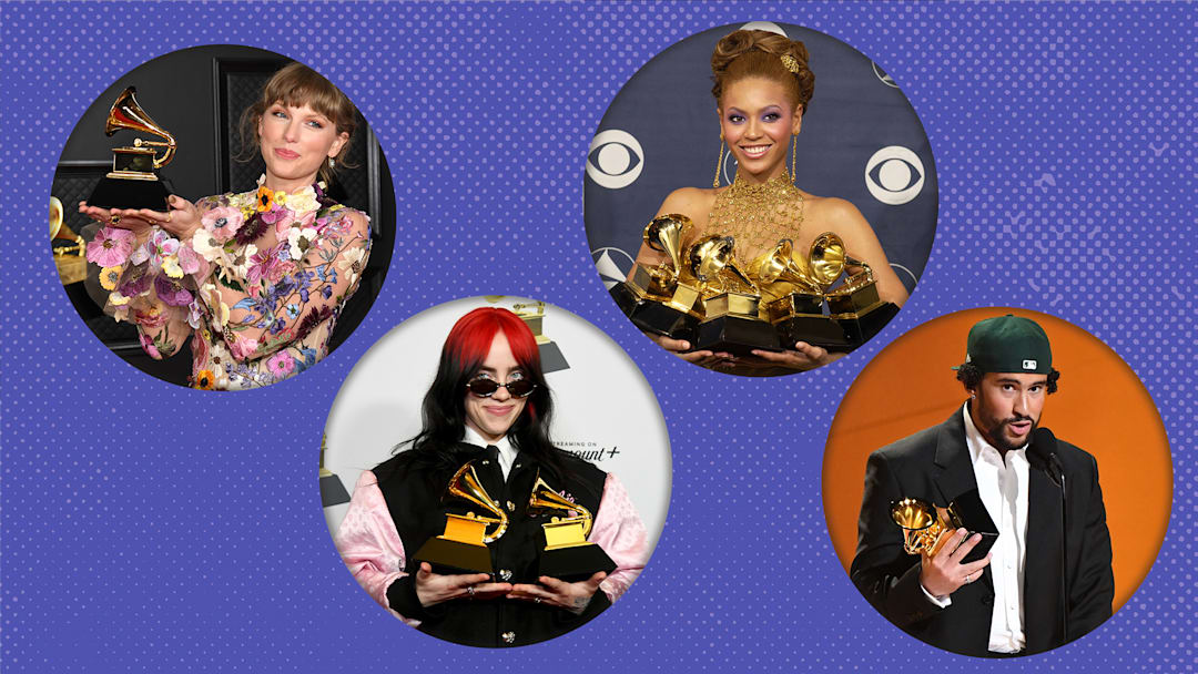 (Left to right) Taylor Swift, Billie Eilish, Beyoncé, and Bad Bunny.
