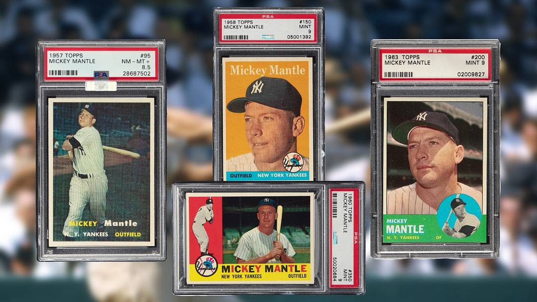 The cards set to auction, featuring three PSA 9's and one PSA 8.5 Mickey Mantle card.