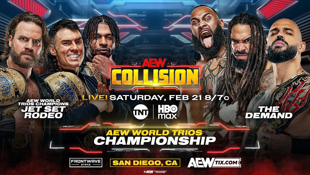 "Hangman" Adam Page, Kevin Knight, and "Speedball" Mike Bailey defend the AEW World Trios Championships against The Demand tonight in San Diego.