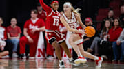 Nebraska guard Britt Prince handles the ball against Wisconsin at Pinnacle Bank Arena on Jan. 20, 2025.