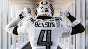 Malik Benson models Oregon Duck Football's uniform for their game against the Rutgers Scarlet Knights on Oct. 18, 2025.