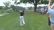 Aaron Rai hits an errant shot at the PGA Championship.
