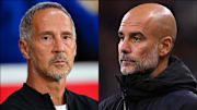 Adi Hütter (left) will pit his wits against Pep Guardiola on Wednesday.