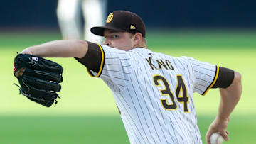 Aug 9, 2025; San Diego, California, USA; San Diego Padres starting pitcher Michael King (34) throws a pitch during the first inning against the Boston Red Sox at Petco Park. Mandatory Credit: David Frerker-Imagn Images