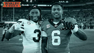 Oct 12, 2024; Athens, Georgia, USA; Mississippi State Bulldogs wide receiver Kevin Coleman Jr. (3) and Georgia Bulldogs wide receiver Dominic Lovett (6) pose for a photo after a game at Sanford Stadium. 