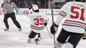 Northeastern freshman Amine Hajibi celebrates a goal