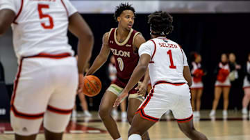 Elon guard Nick Dorn handles the ball in a game against Gardner-Webb.
