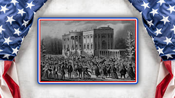 A mob outside the White House during Andrew Jackson's first inaugural reception, 1828. 