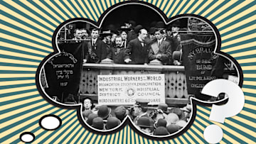 A crowd of workers gathered at a May Day event in New York City, early 20th century.