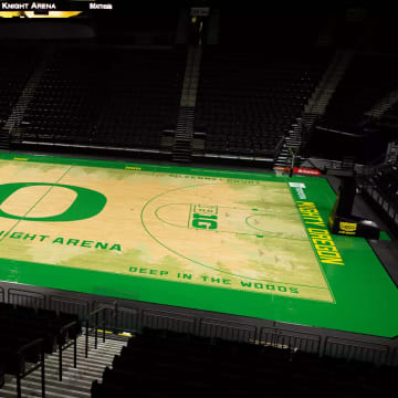 Oregon men's and women's basketball, as well as volleyball, will play on a newly designed court at Matthew Knight Arena.