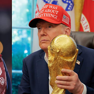 Mauricio Pochettino (left) joked that Donald Trump (right) could lift the World Cup trophy if the U.S. win the tournament. 