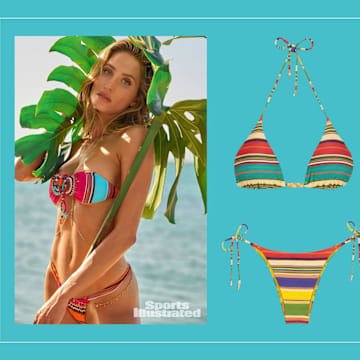 Striped swimsuit and accessories, inspired by Alix Earle