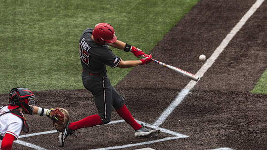 Nebraska shortstop Dylan Carey swings at a pitch at Maryland on April 25, 2025.