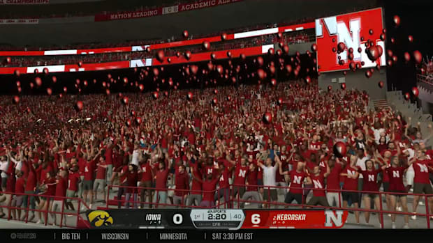 Nebraska fans release red balloons in Memorial Stadium after a touchdown in EA Sports College Football 26.