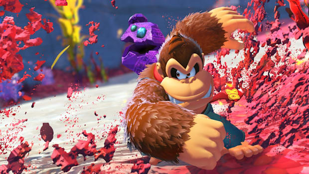 Donkey Kong fighting enemies in Donkey Kong Bananza.