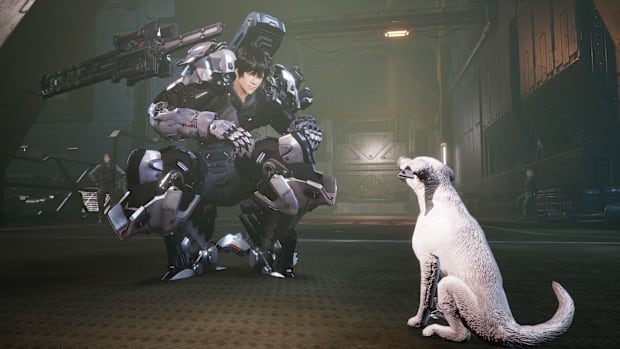 A character in a mech suit kneeling down in front of a dog in Daemon X Machina: Titanic Scion.