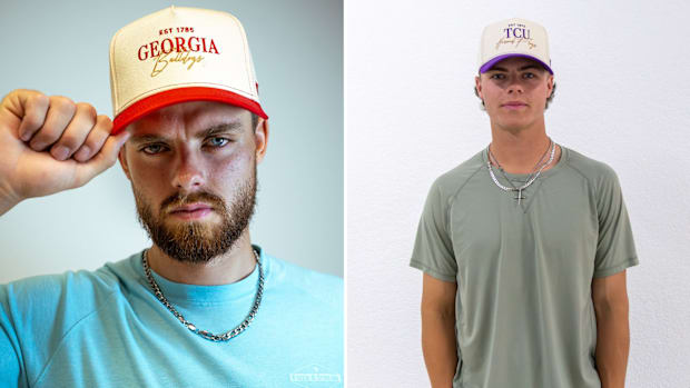 College baseball brothers Kolten Smith in white and red hat blue shirt and Kaden Smith in purple and white hat green shirt