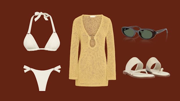 Swimsuit, cover-up, sunglasses and sandals
