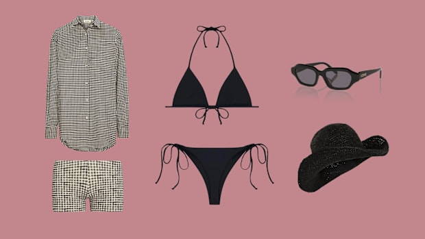 Button up, shorts, bikini, sunglasses and hat