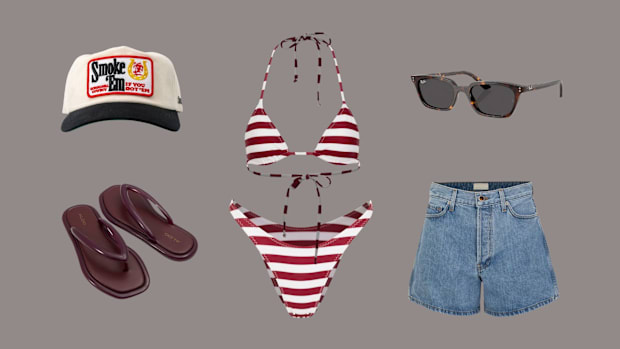 Hat, sandals, bikini, sunglasses and shorts