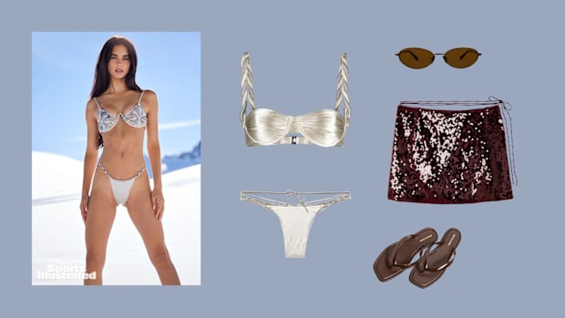 Silver swimsuit and bronze accessories 