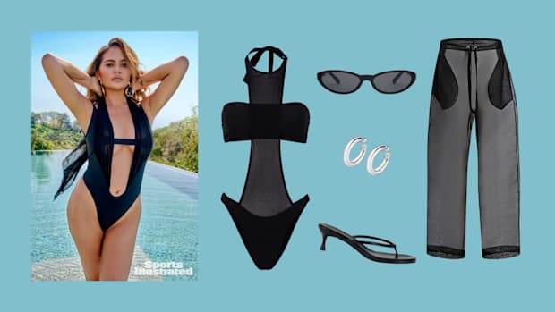 Black swimsuit and coordinated accessories