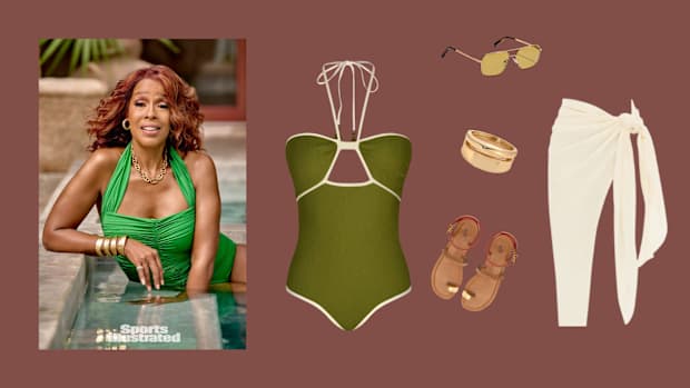 Green one-piece and accessories 