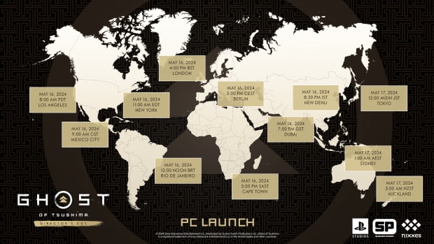 A world map showing the release/unlock times for Ghost of Tsushima: Director's Cut on PC.