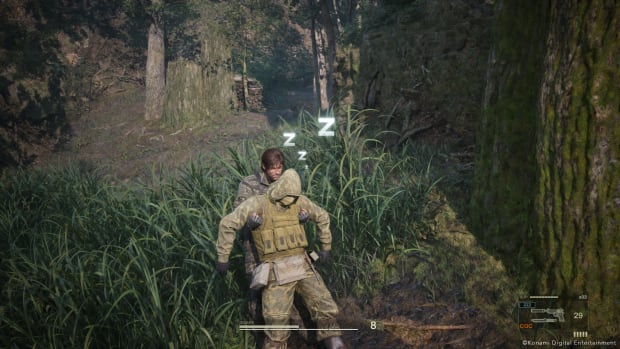 Gameplay screenshot of Metal Gear Solid Delta: Snake Eater, showing Snake put an enemy to sleep.