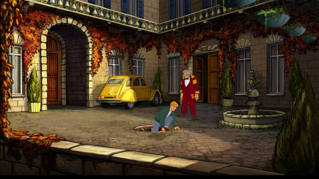 Protagonist George Stobbart climbing out of a manhole ina quaint Parisian courtyard.