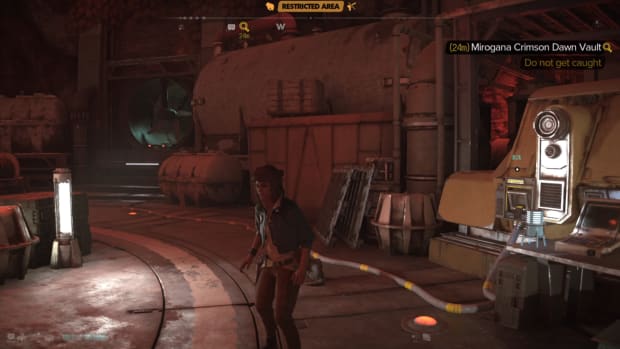 Star Wars Outlaws screenshot, showing Kay in front of a switch that controls a big fan visible in the background.