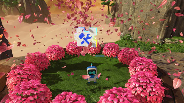 A puzzle piece in a sicrcle of flowers on the Batthouse Battle level.