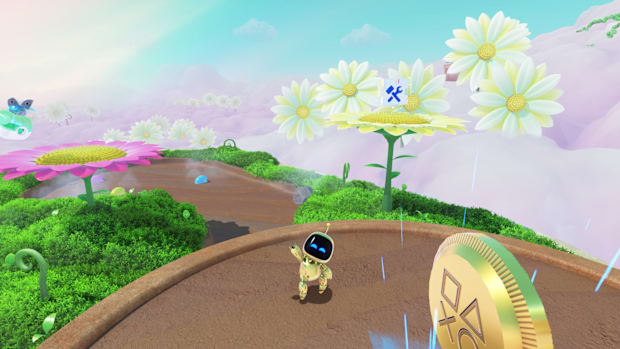 A puzzle piece on a flower in the Balloon Breeze level of Astro Bot.