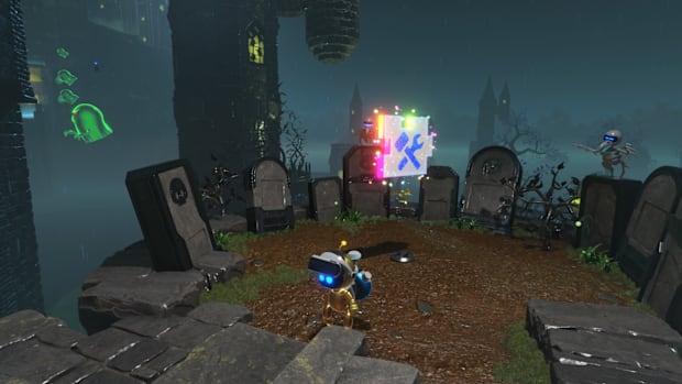 Puzzle piece surrounded by gravestones in the Spooky Time level.