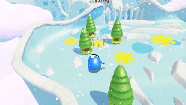 A puzzle piece hidden behind three trees in a snowy area of the Going Loco level.