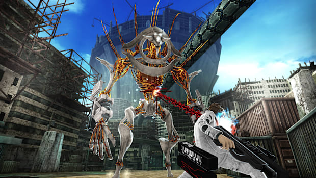 Gameplay screenshot for Freedom WArs Remastered featuring the protagonist fighting an Abductor.