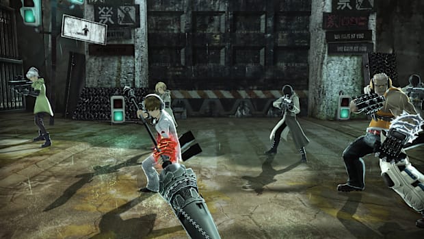 Combat screenshot from Freedom Wars Remastered with the protagonist and several other Sinners ready to fight.