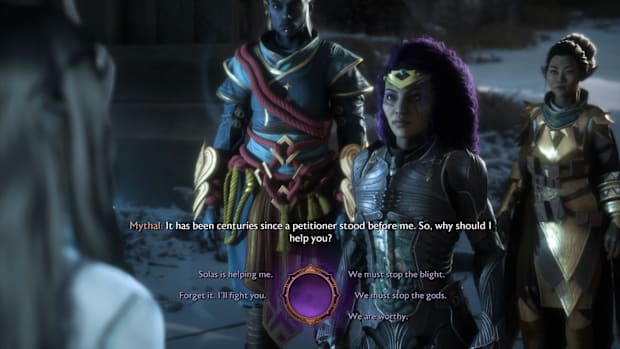 Dragon Age: The Veilguard screenshot of the dialogue wheel while convinving Mythal