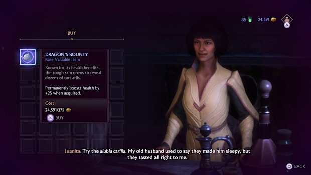 Dragon Age: The Veilguard screenshot of a vendor with one of their items highlighted for sale.