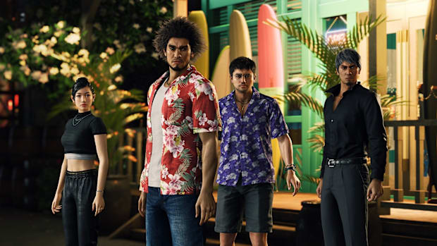 The main characters of Like a Dragon: Infinite Wealth, Chitose Fujinomiya, Ichiban Kasuga, Eric Tomizawa, and Kazuma Kiryu
