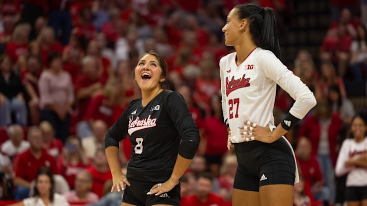 Nebraska volleyball libero Lexi Rodriguez (left) and outside hitter Harper Murray (right) react during play at the Husker Invitational.