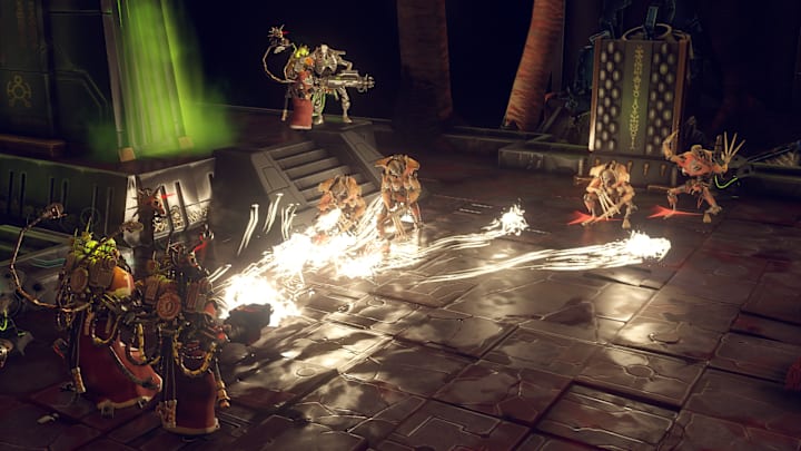 Warhammer 40,000: Mechanicus screenshot of tech-priests fighting Necrons.