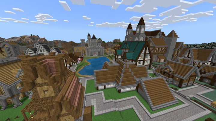 An airial view of a Medieval town constructed in Minecraft.