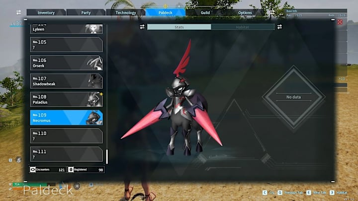 A centaur Pal with dark armour, a red feather coming out of its helmet, and two long red spikes for hands.