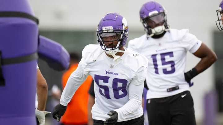 Vikings pass rusher Jonathan Greenard (58) at team team training camp